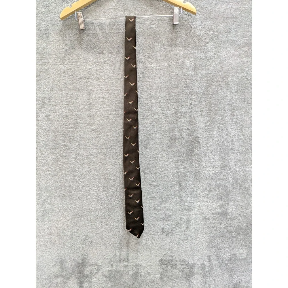 Vintage Pheasant Bird Necktie Mens OS Brown Embroidered Animal Print Tie